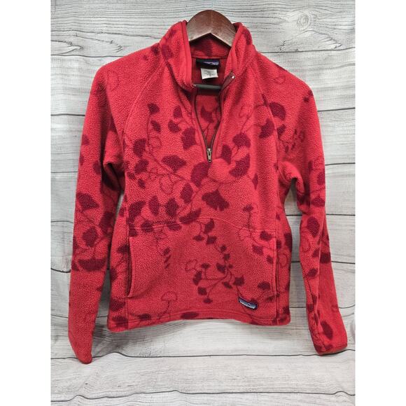 Vintage Patagonia Synchilla Fleece Pullover 1/4 Zip Size MED Floral Design Red - Picture 1 of 10
